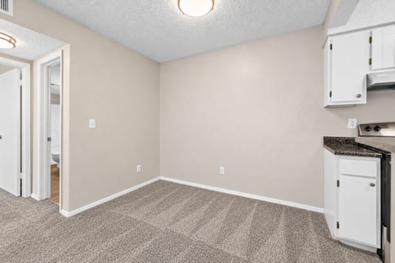 A room with a carpeted floor and a white cabinet.
