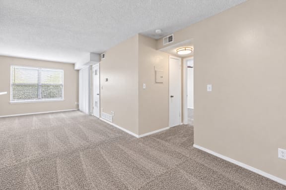 A room with beige walls and carpeting, a window with blinds, and a door leading to another room.