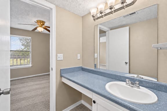 A bathroom with a blue countertop and a white sink.