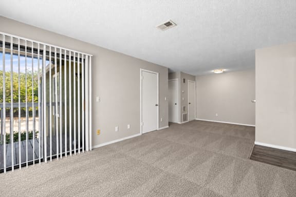 A spacious room with a carpeted floor and a sliding glass door.