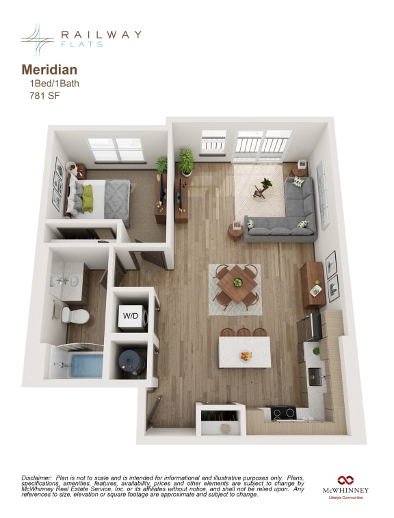 Meridian 831 Sq.Ft. Floor Plan - 1 Bed/1 Bath