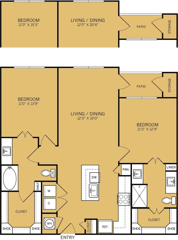 2 Bedroom 2 Bathroom 1,129 Sq.Ft. A Floor plan at The Kelley, Ft. Worth, TX