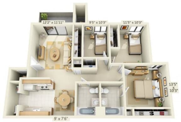 Zinfandel Village Apartments 3x2 Floor Plan 1022 Square Feet