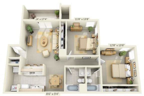 Stanford Heights Apartments Belmont 2x2 Floor Plan 1101 Square Feet
