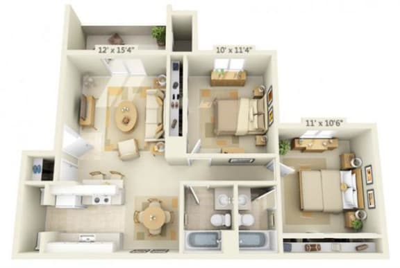 Sunset Summit Apartment Mt. Rainier 2x2 Floor Plan 877 Square Feet