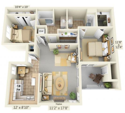 Autumn Oaks Apartments Canyon 2x2 Floor Plan 908 Square Feet