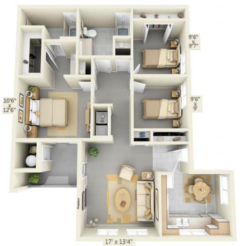 Autumn Oaks Apartments Scarlet2 3x2 Floor Plan 1164 Square Feet