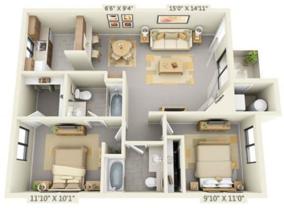 Floor Plan  Pepperwood Apartments 2x2 Floor Plan 859 Square Feet