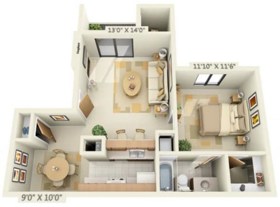 Pheasant Pointe Apartments Cypress 1x1 Floor Plan 680 Square Feet