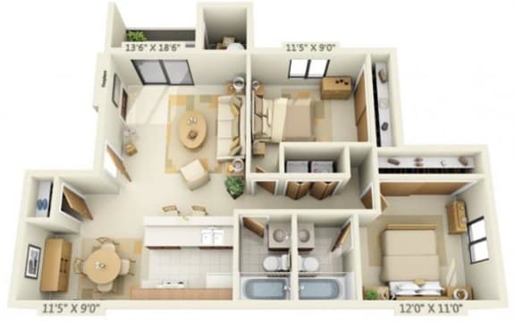 Pheasant Pointe Apartments Willow 2x2 Floor Plan 887 Square Feet