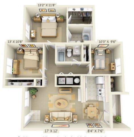 Elmonica Court Apartments 3x2 Floor Plan 1110 Square Feet