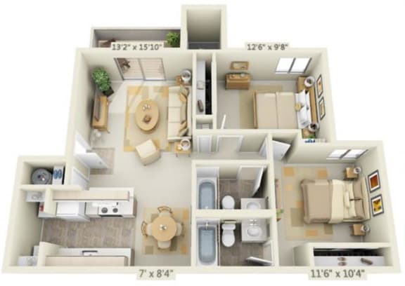 Kings Court Apartments 2x2 Floor Plan 881 Square Feet