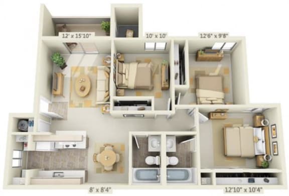 Kings Court Apartments 3x2 Floor Plan 1019 Square Feet