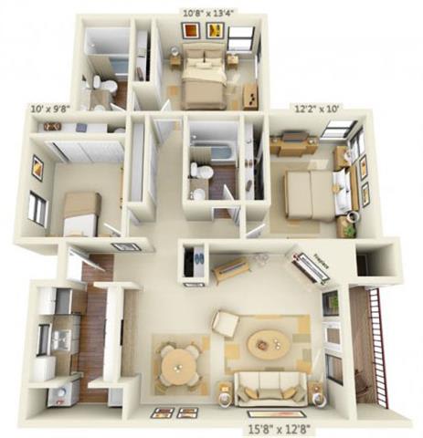 Sunstone Parc Apartments 3x2 Floor Plan 1148 Square Feet