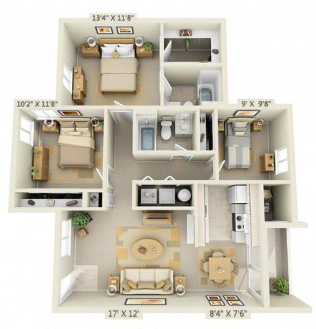 Floor Plan  3x2 Floor Plan 1105 Square Feet  at Creekside Village, Eugene, OR