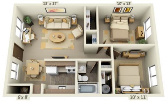 Floor Plan  2x1 Floor Plan A 748 Square Feet at Cedar Lane and Garden Glen, Portland, Oregon