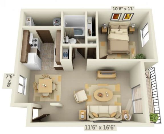 Floor Plan  1x1 Floor Plan 592 Square Feet at Cedar Lane and Garden Glen, Portland