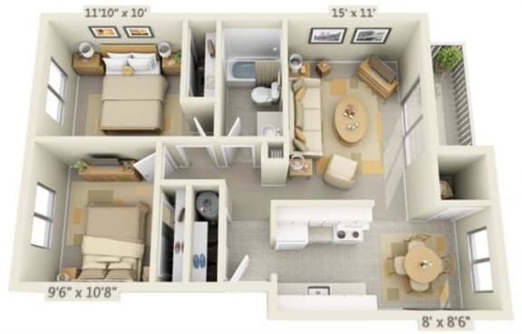 Rolling Hills Apartments 2x1 Floor Plan 750 Square Feet