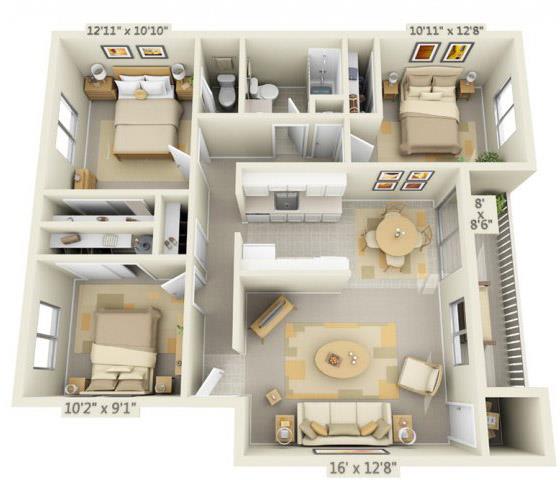 Rolling Hills Apartments 3x1.5 Floor Plan 1035 Square Feet