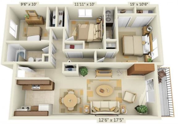 Todd Village Apartments Mt. Hood 3x1.5 Floor Plan 1082 Square Feet