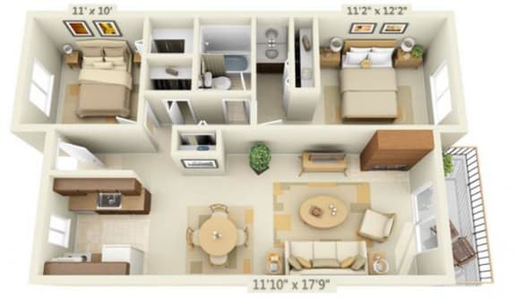 Todd Village Apartments Mt. Shasta 2x1.3 Floor Plan 886 Square Feet