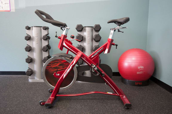 Fitness Center Stationary Bike & Free Weights at Riverwood Apartments, WA 98032