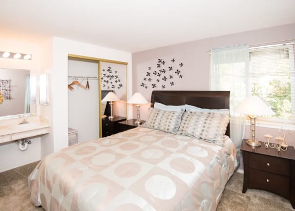 St Marys Woods Model Apartment Master Bedroom &amp; Vanity at St. Mary&#x27;s Woods Apartments, OR 97078