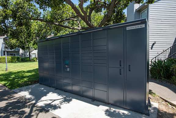 Gray package lockers at Rocklin Gold Apartments, California, 95677