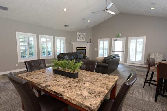 Stanford Heights clubhouse fireplace and seating