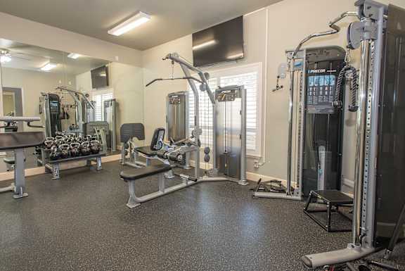A gym with a variety of equipment including a squat rack, a bench, and a barbell at Stoneridge Apartments, California, 95661