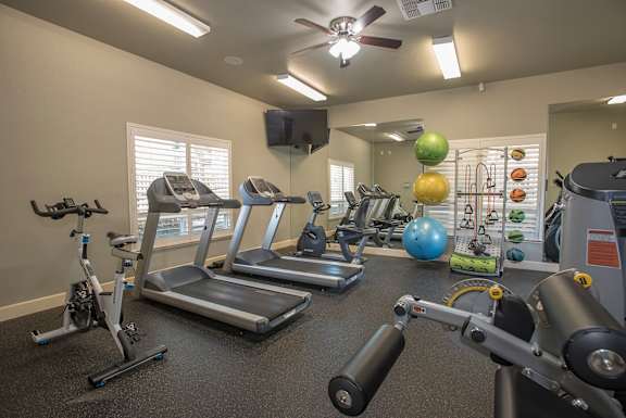 A gym with treadmills, elliptical machines, and exercise balls.