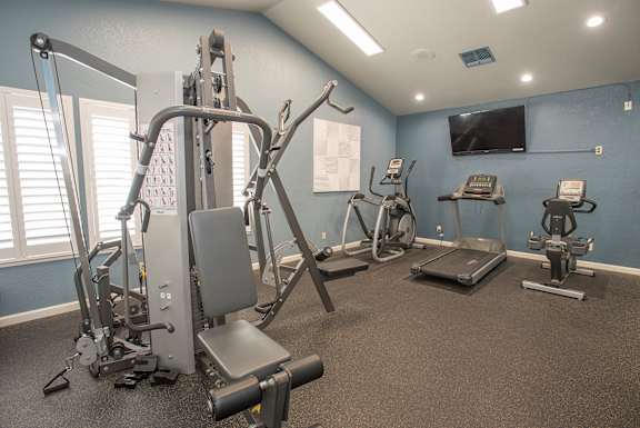 A gym with a variety of equipment including a treadmill, a stationary bike, a rowing machine, a leg press machine, a chest press machine, and a cable machine at Zinfandel Village Apartments, California, 95670
