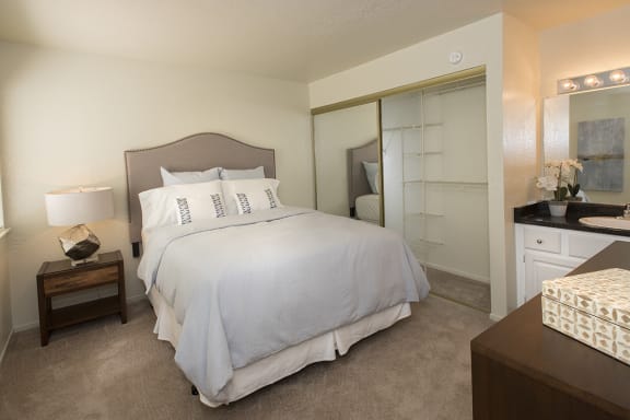 Model Upgraded Master Bedroom &amp; Vanity at Zinfandel Village Apartments, Rancho Cordova, 95670