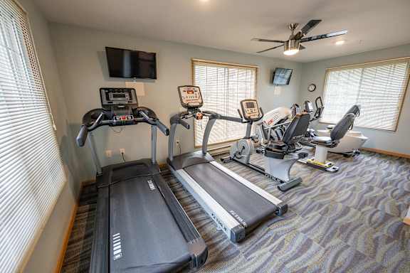 A spacious home gym with treadmills, elliptical machines, and a television.