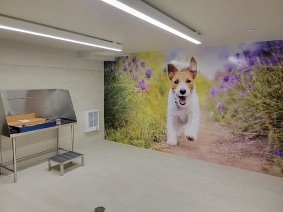 a painting of a dog running in a room