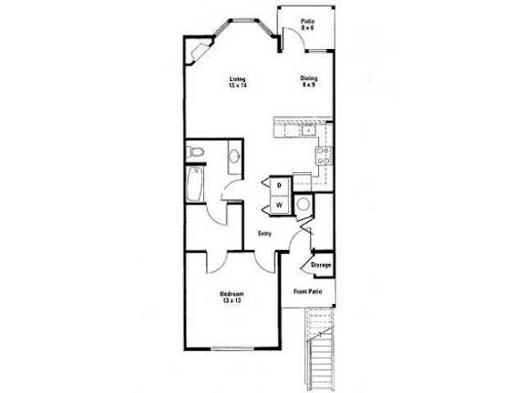 A floor plan of a house with a living room, dining room, kitchen, and two bathrooms.