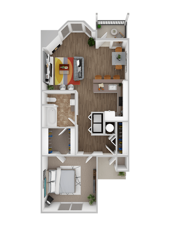 A top-down view of a apartment layout with a kitchen, living room, and bedrooms. Apartments in Bethany Oregon.