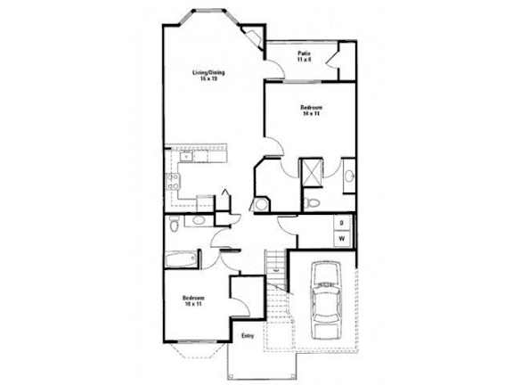 A floor plan of a house with a living room, dining room, kitchen, two bedrooms, and an entry.