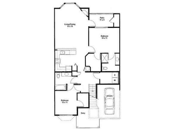 A floor plan of a house with a living room, dining room, kitchen, and two bedrooms.