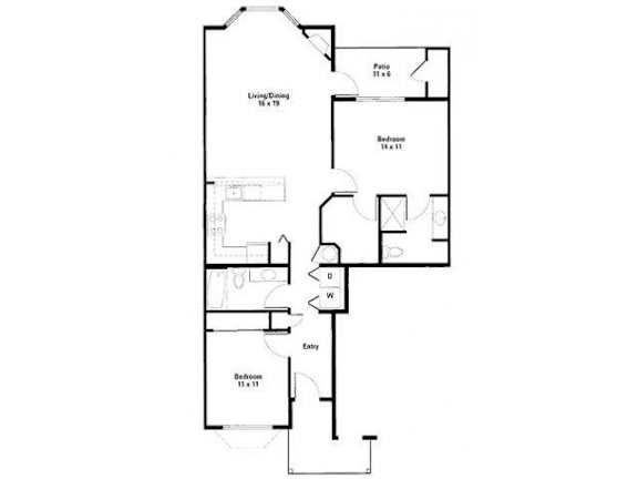 A floor plan of a house with a living room, dining room, kitchen, and bathroom.