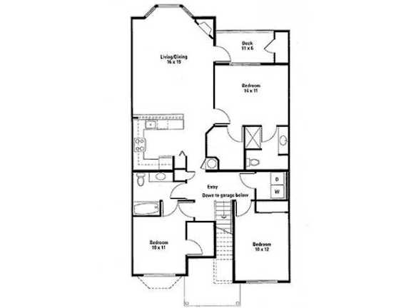 A floor plan of a house with a living room, dining room, kitchen, and two bathrooms.
