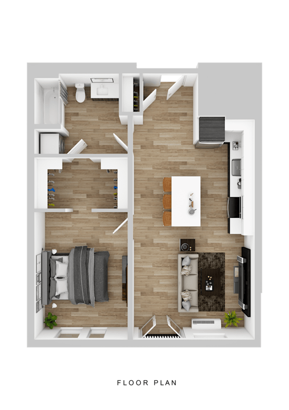 A floor plan of a house with a kitchen, living room, and two bedrooms.