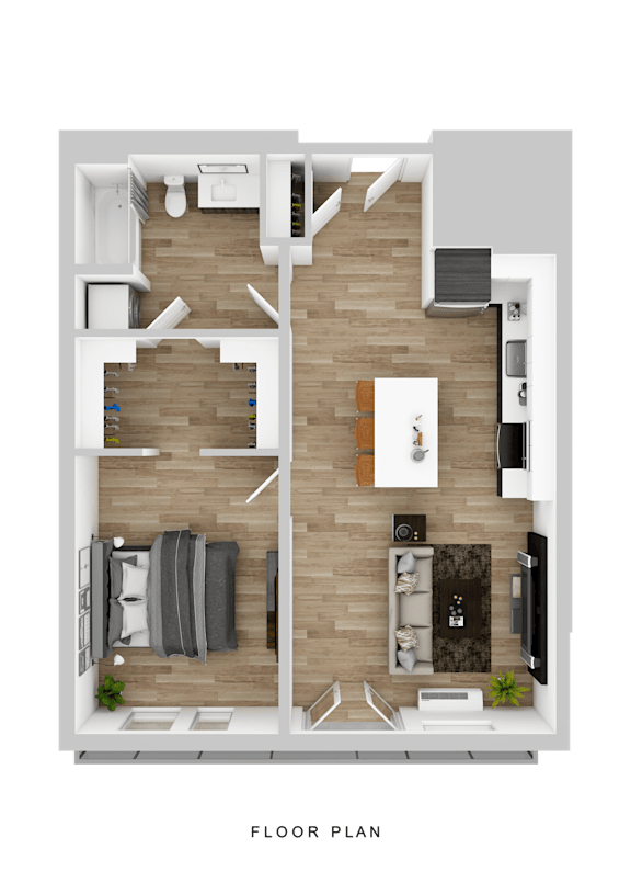 A floor plan of a small apartment with a kitchen, living room, and two bedrooms.