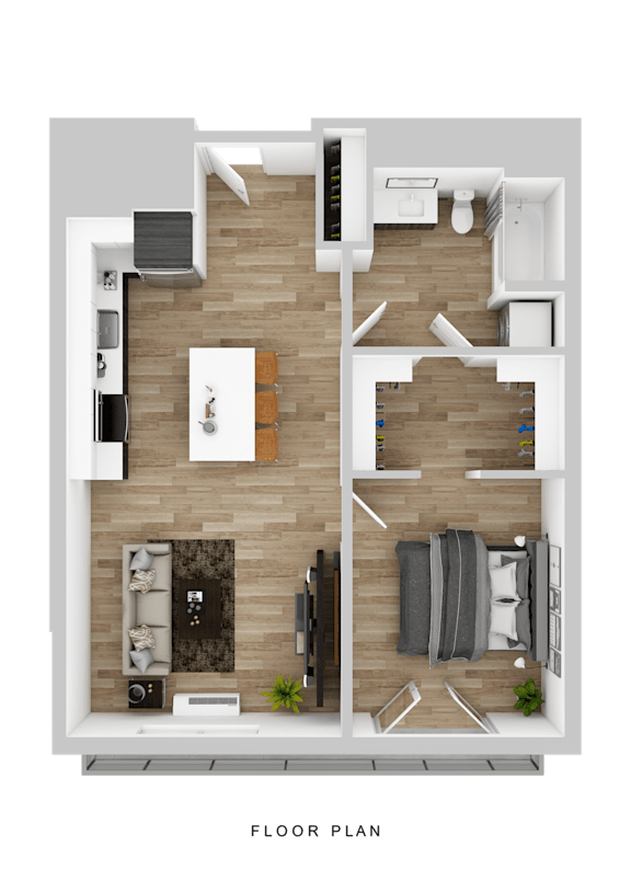 A floor plan of a small apartment with a living room, kitchen, and bedroom.