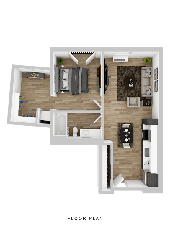 A floor plan of a house with a living room, dining room, kitchen, and two bedrooms.