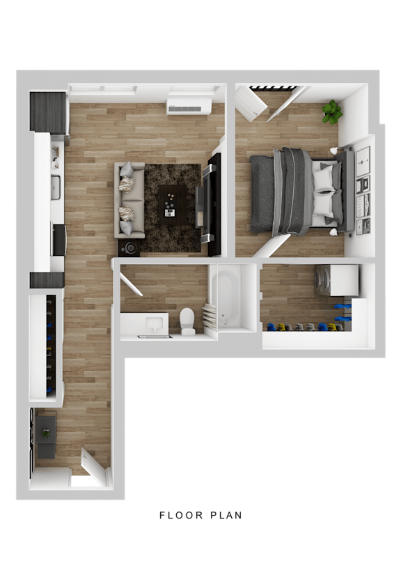 A floor plan of a small apartment with a kitchen, living room, and bathroom.