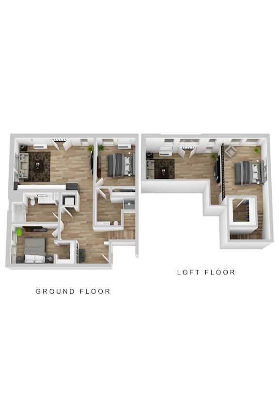 A floor plan of a two-story home with labeled ground and loft floors.