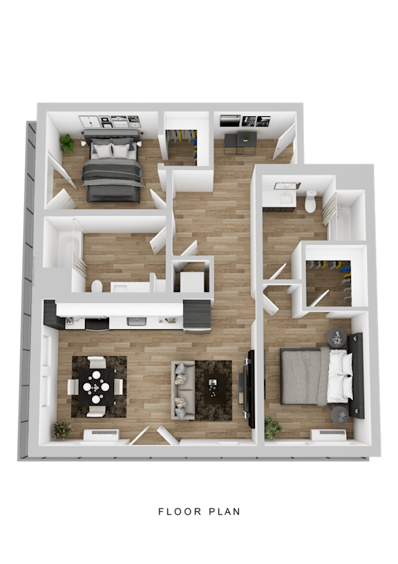 A floor plan of a house with a kitchen, living room, and two bedrooms.