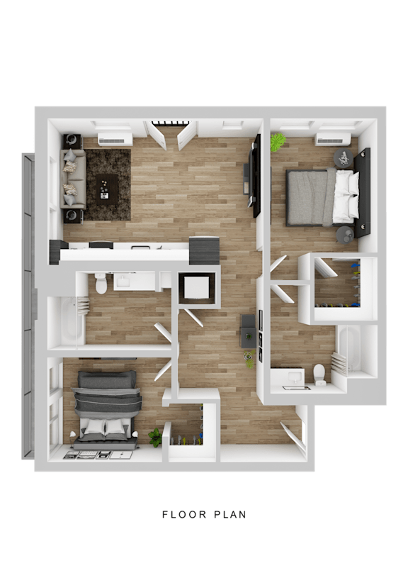 A floor plan of a house with a living room, kitchen, and two bedrooms.