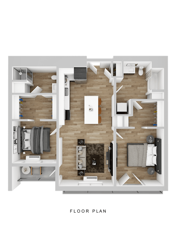 A floor plan of a house with a kitchen, living room, and two bedrooms.